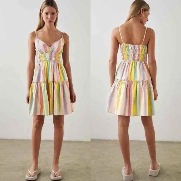 Rails Carmen Mini Dress Guava Rainbow Stripe Smocked Adjustable Fit Flare - Picture 6 of 10